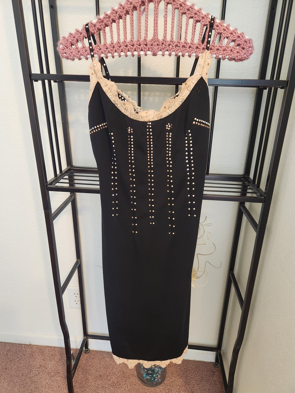 Black Slip Dress with Lace Trim and Stud Detailing